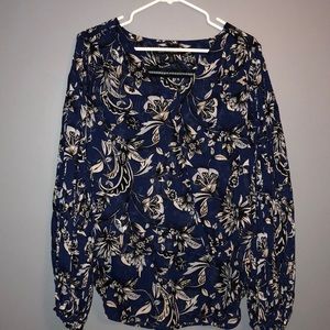 WHBM Faux-Wrap Surplice Floral Long Sleeve Blouse